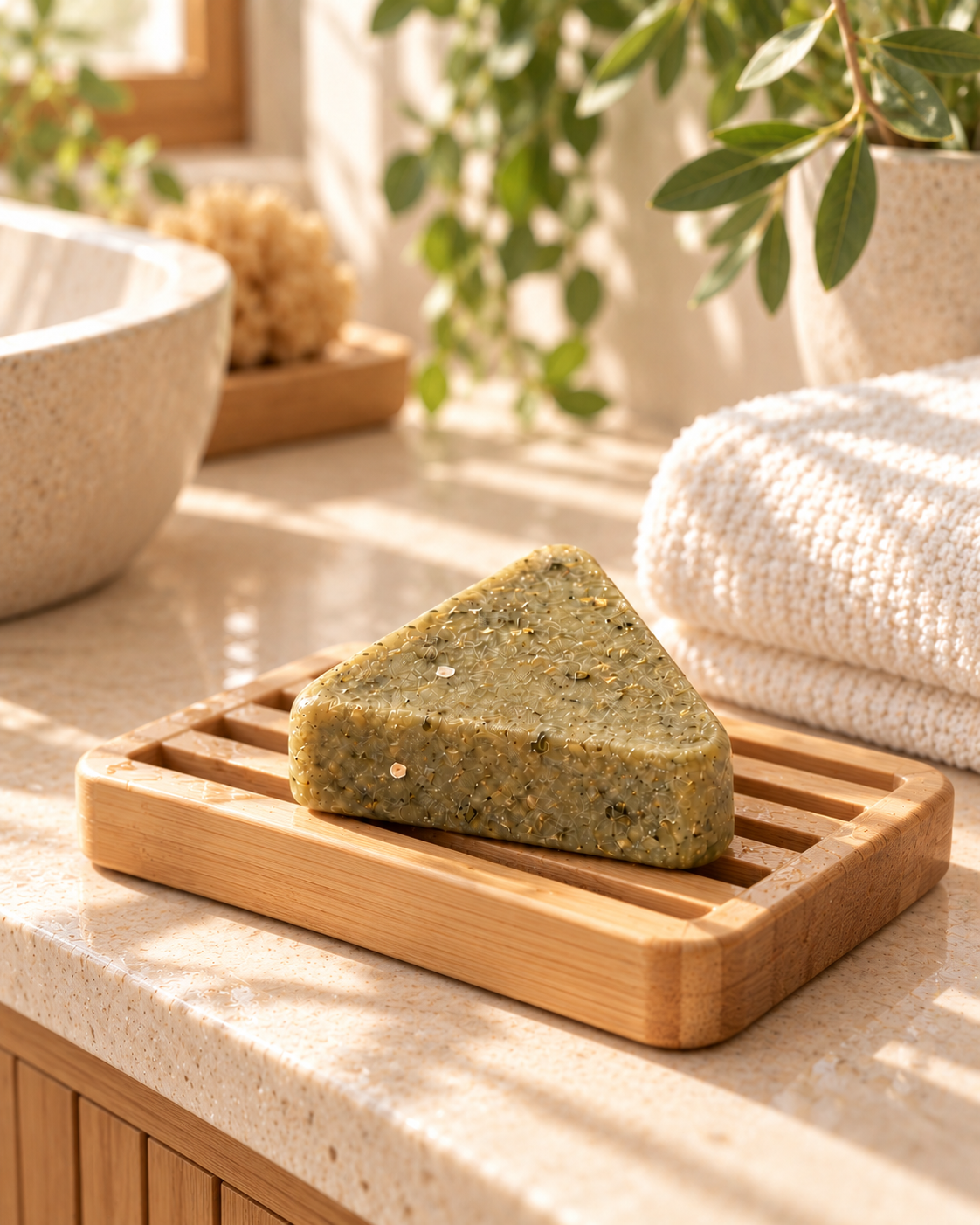 Savon solide triangulaire au thuya avec plantes et racines sur pierre naturelle